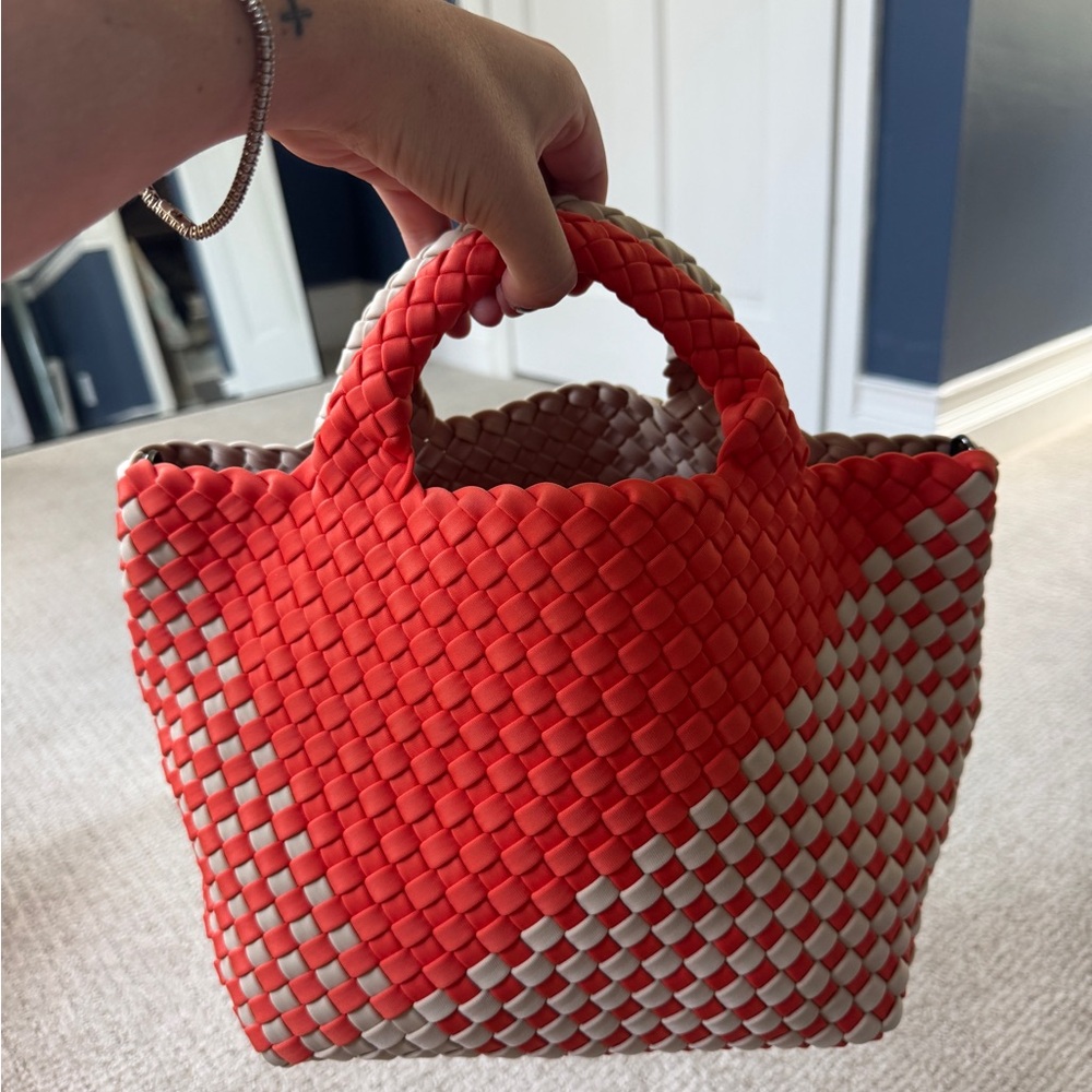 Naghedi Red and Tan Woven Tote Bag with Sturdy Handles
